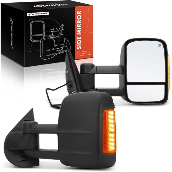 A-Premium Towing Mirrors - Compatible with Chevrolet Silverado 1500 2500 HD 3500 HD, Tahoe, Suburban 1500 2500, Avalanche & GMC Sierra 2500 HD - Manual Folding Telescoping Heated Black - Pair Set