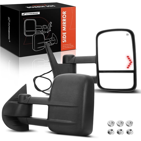 A-Premium Towing Mirrors - Compatible with Chevrolet Silverado 1500 2500 HD 3500 HD, Tahoe, Suburban 1500 2500, Avalanche & GMC Sierra 2500 HD - Power Folding Telescoping Heated Black - Pair Set