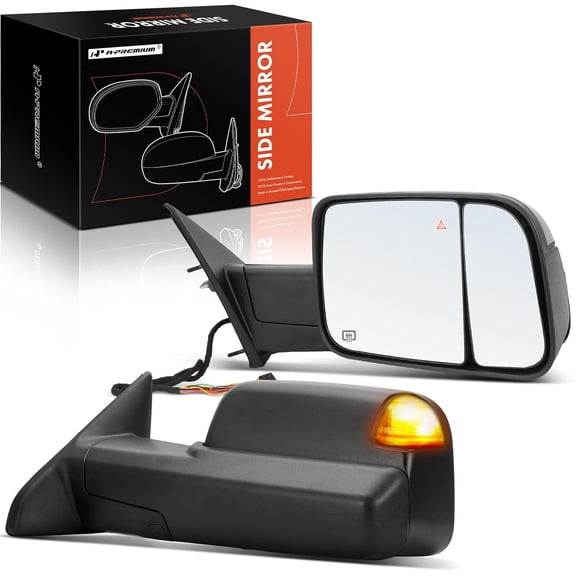 A-Premium Towing Mirrors - Compatible with Ram 1500 2019 2020 2021 2022 - Manual Folding Heated Black - with Power Glass Turn Signal Blind Spot Detection Puddle Light Temperature Sensor - Pair Set