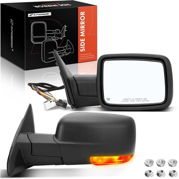 A-Premium Towing Mirrors - Compatible with Ram 1500 2500 3500 4500 5500 2011-2018 & Dodge Ram 1500 2500 3500 4500 5500 - Manual Folding Heated Black - with Power Glass Turn Signal - Pair Set