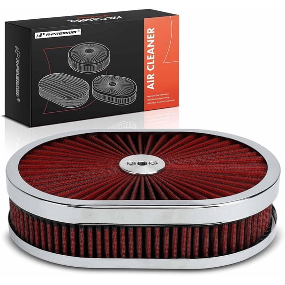 A-Premium Universal Air Cleaner Filter Assembly - 12" x 2", Oval Red Chrome Air Cleaner - Fit For 5-1/8" Carburetor Neck