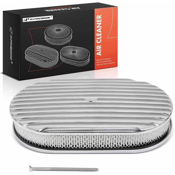 A-Premium Universal Air Cleaner Filter Assembly - Compatible with 15" x 2", Oval Chrome Polished Full Finned Air Cleaner