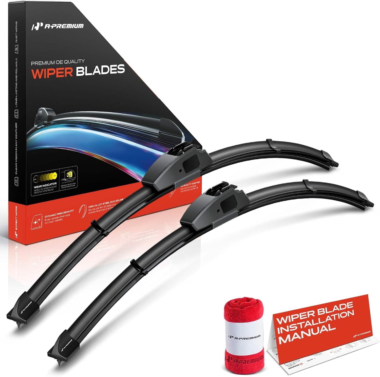A-Premium Windshield Wiper Blades Compatible with Ford F-150, F-250, F-350, Mustang, F-250/F-350 Super Duty - 20" and 20", Hook Connector, with Wear Indicator & Towel, Left and Right (Pack of 2)