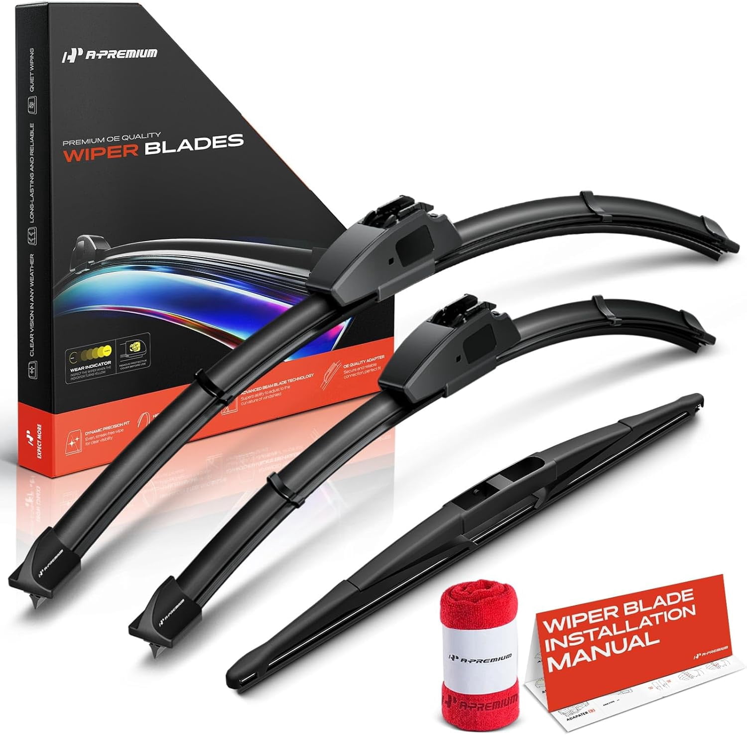 A-Premium Windshield Wiper Blades Compatible with Infiniti QX50 2014-2017, EX35 2011-2012, EX37 2013 - Front Rear Wipers Blade Set for 24"/17"/14", Hook/RL3, with Wear Indicator & Towel (Pack of 3)