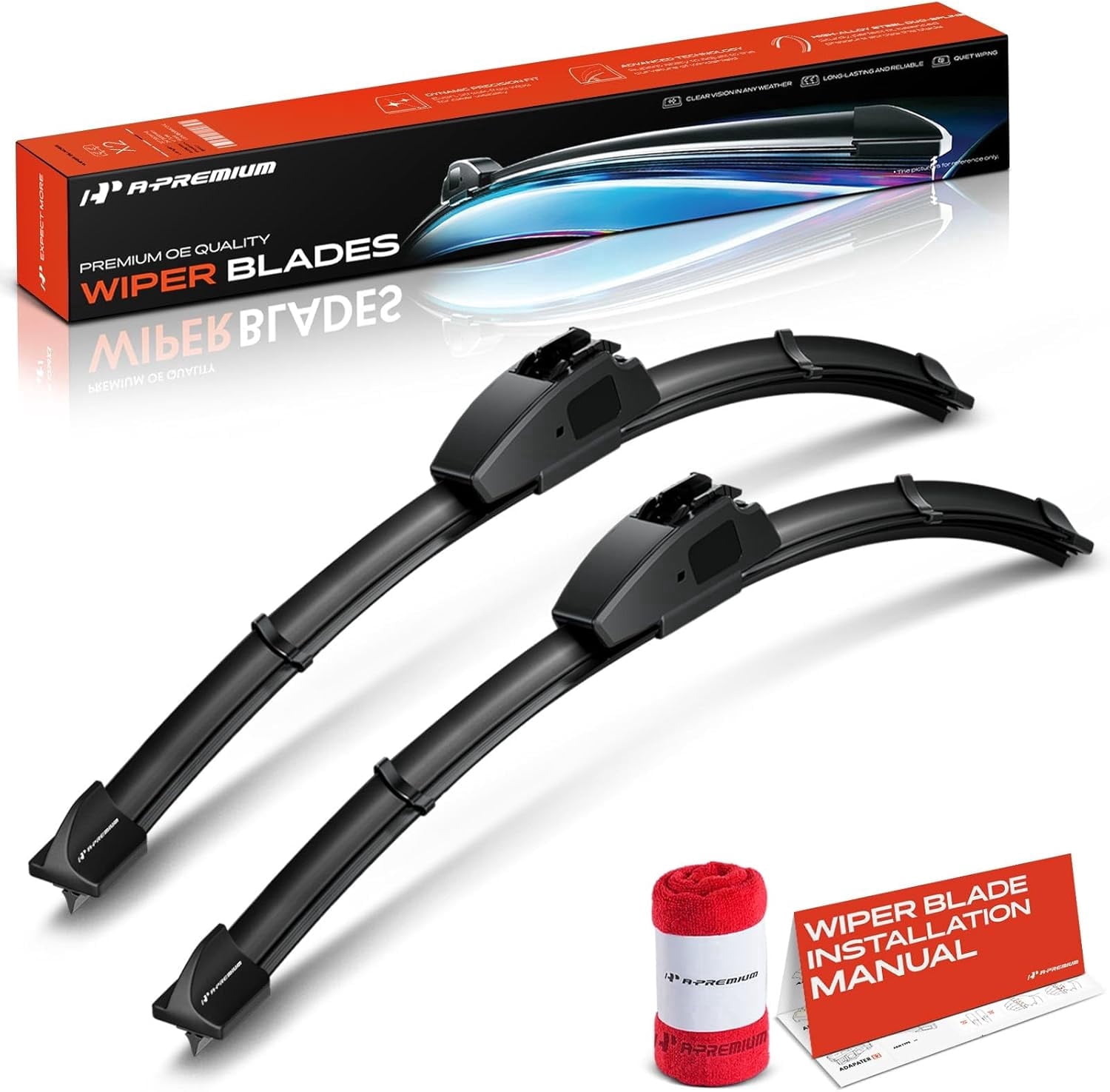 A-Premium Windshield Wiper Blades with Jeep JL Series Wrangler 2018-2024, JT Series Gladiator & Dodge Viper - 16" and 16", Hook Connector, with Wear Indicator & Towel, Left and Right, (Pack of 2)