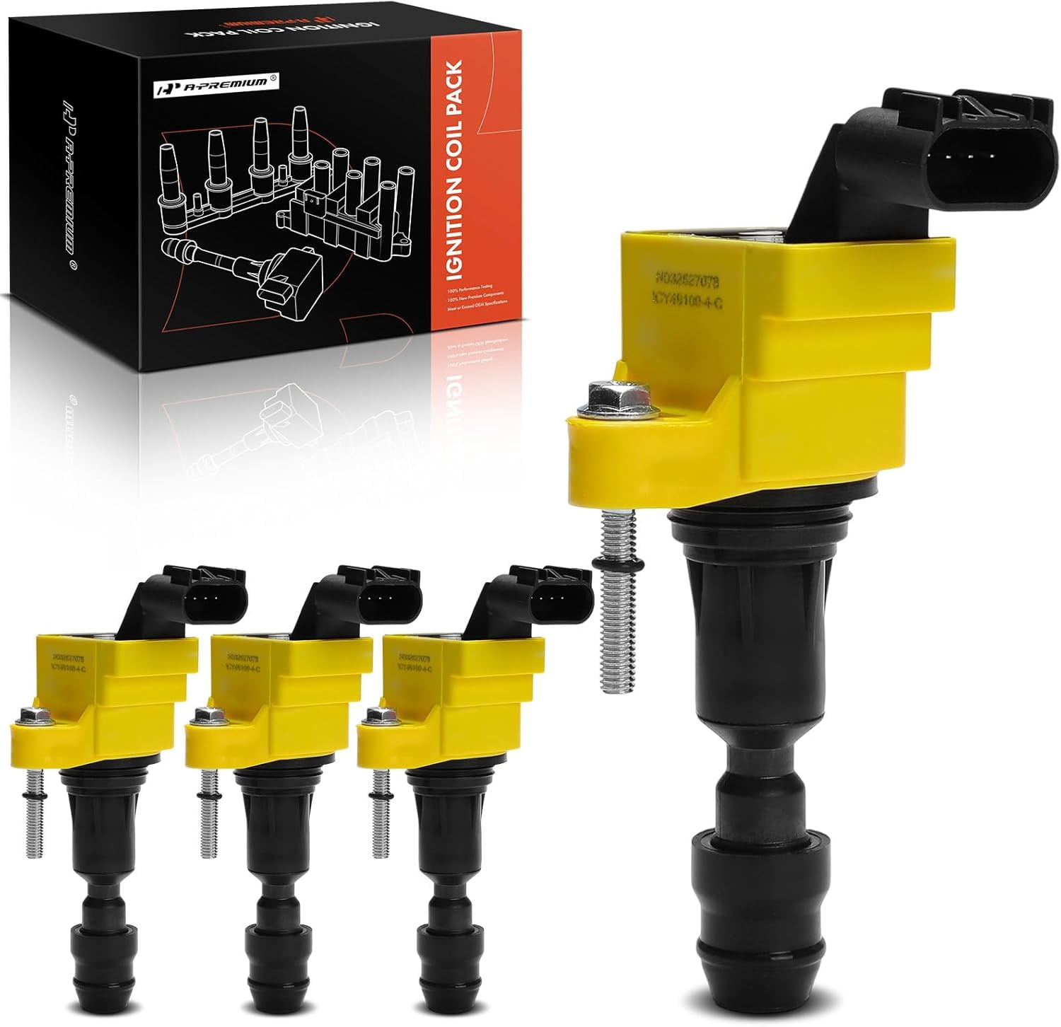 A-Premium (Yellow) Engine Ignition Coil Pack Compatible with Chevrolet Equinox, Malibu, Captiva Sport, HHR, Cobalt & GMC Terrain & Buick LaCrosse, Verano, Regal & Saab 9-5 & Saturn Aura, 4-PC Set