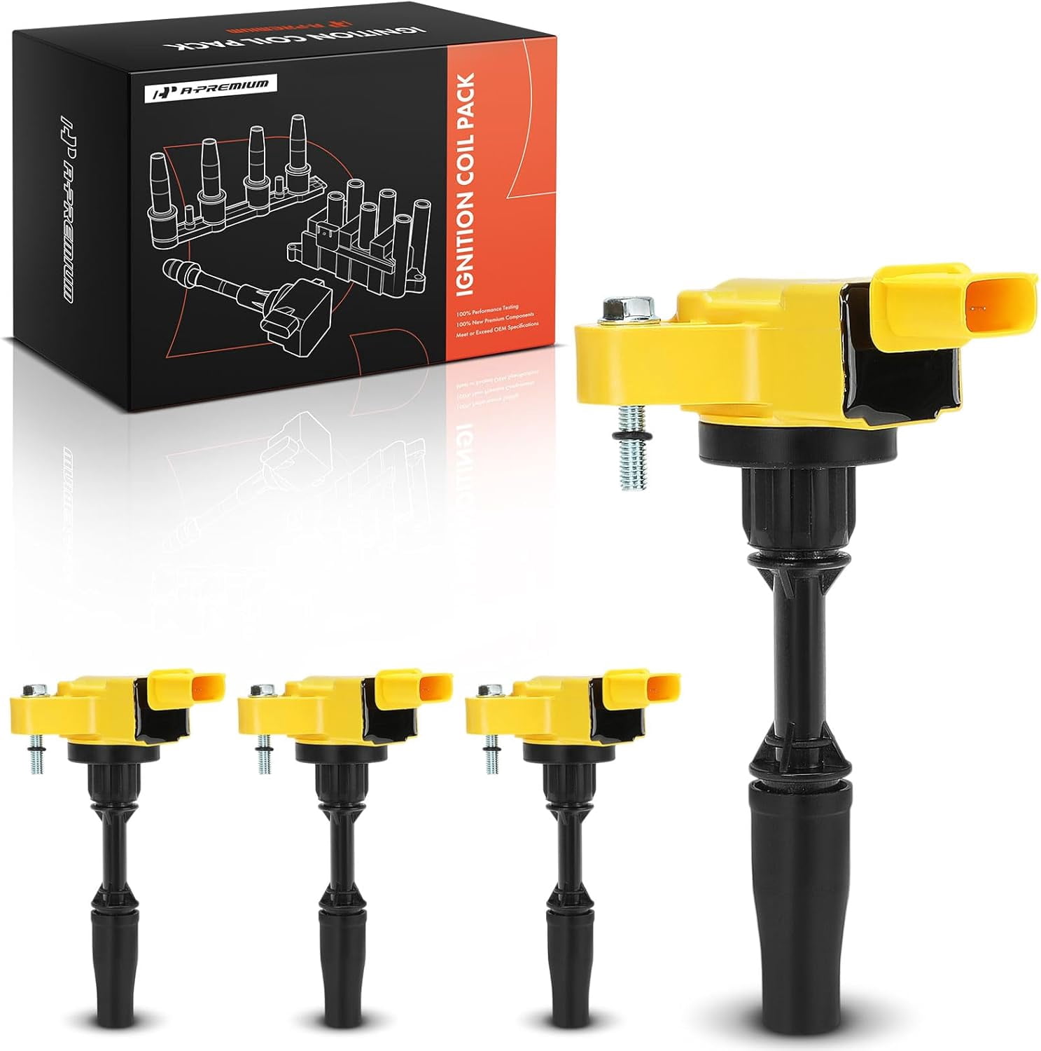 A-Premium (Yellow) Engine Ignition Coil Pack Compatible with Chevrolet Equinox, Malibu, Traverse, Impala, Camaro, Colorado & GMC Terrain, Acadia, Canyon & Buick LaCrosse & Cadillac CTS, 4-PC Set