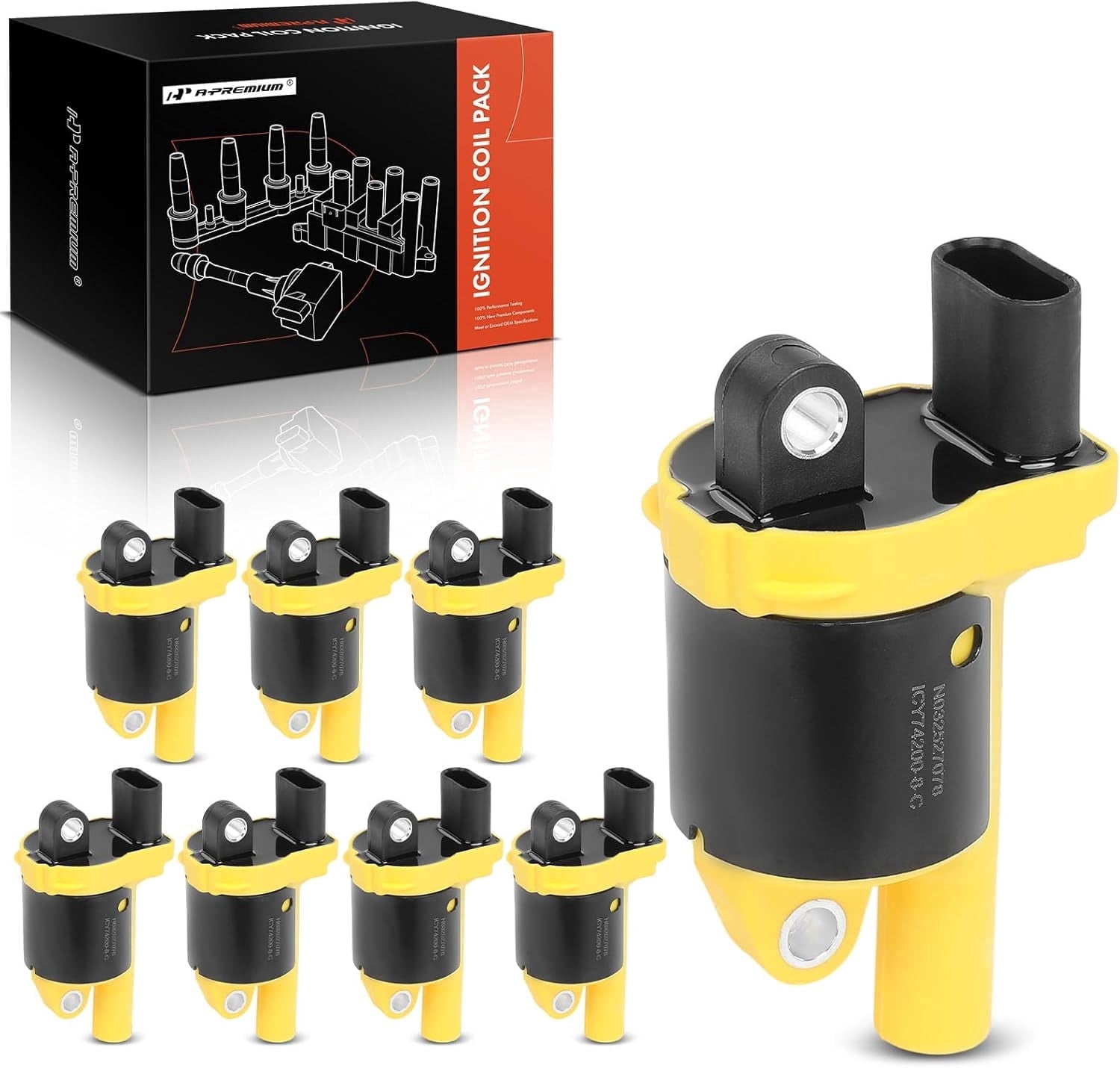 A-Premium Yellow Engine Ignition Coil Pack Compatible with Chevrolet Silverado 1500 2500 HD, Suburban, Camaro, Tahoe, Express 2500 & GMC Sierra 1500, Yukon & Cadillac Escalade & Isuzu NQR, 8-PC Set
