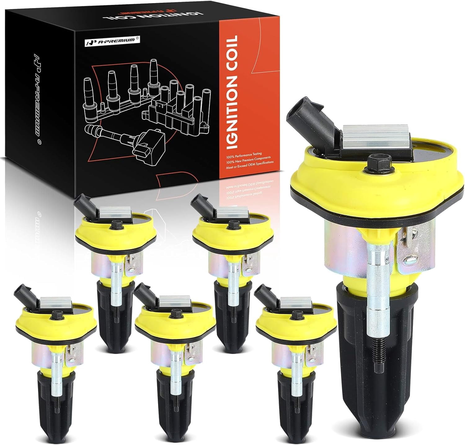 A-Premium (Yellow) Engine Ignition Coil Pack Compatible with Chevrolet Trailblazer, Trailblazer EXT & GMC Envoy, Envoy XL & Buick Rainier & Isuzu Ascender & Oldsmobile Bravada & Saab 9-7x, 6-PC Set