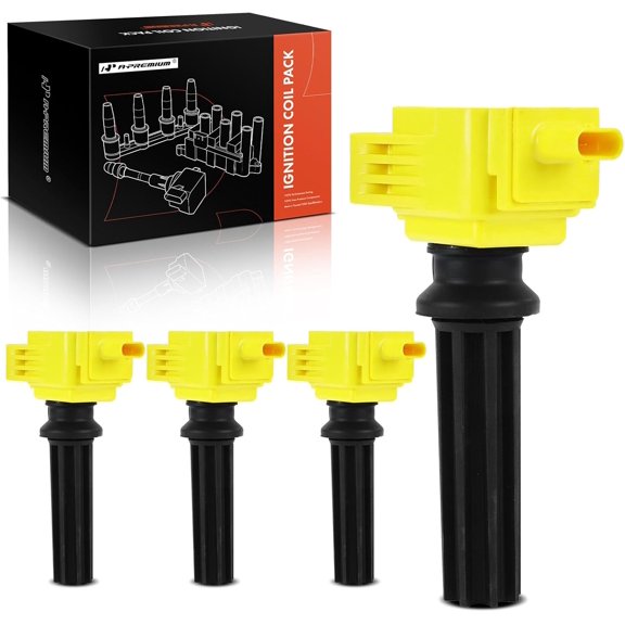 A-Premium (Yellow) Engine Ignition Coil Pack Compatible with Ford Explorer Escape Fusion Focus Edge Mustang Taurus & Lincoln MKZ MKC MKT & Land Rover Discovery Sport & Jaguar XF XE, 2.0L 2.3L 2.5L