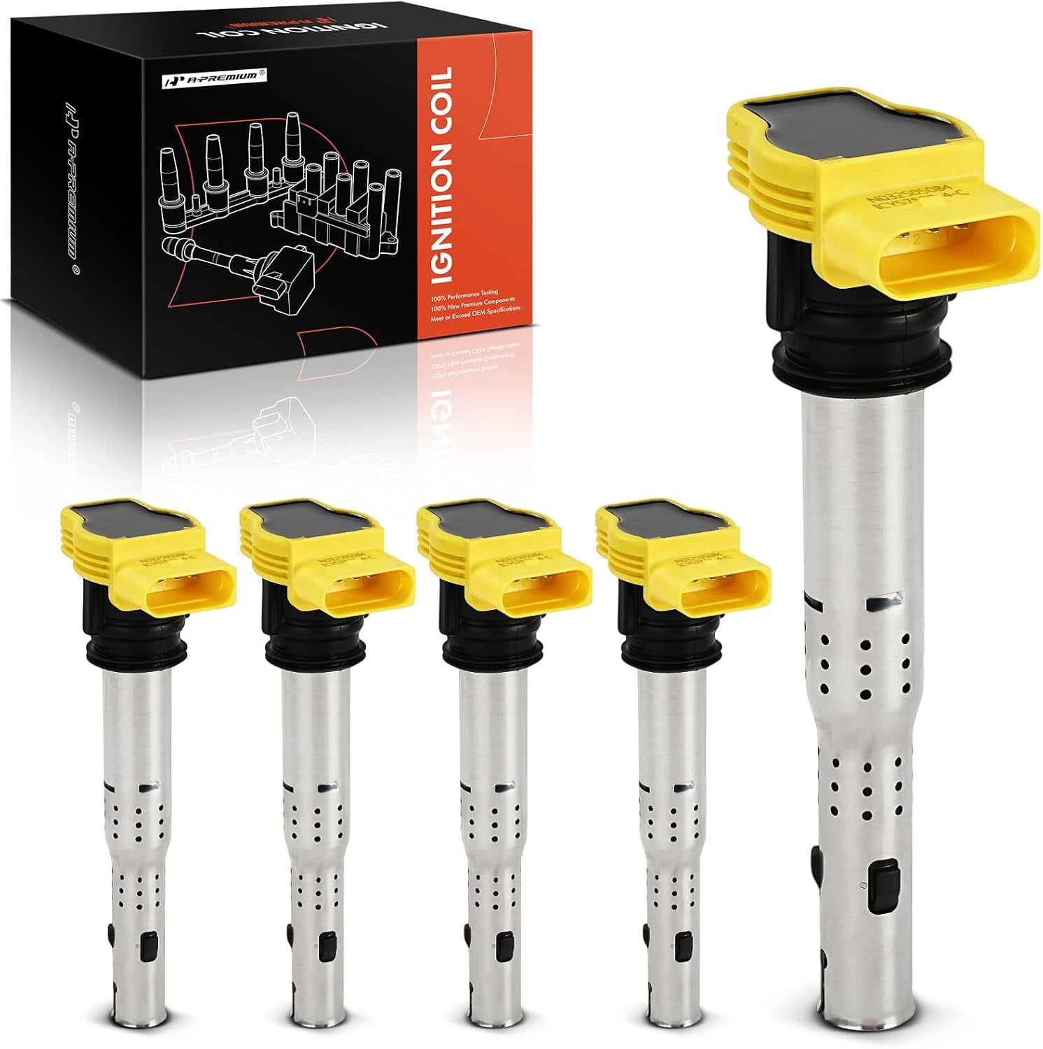 A-Premium (Yellow) Engine Ignition Coil Pack Compatible with Volkswagen Jetta 2005-2018, Passat 2012-2015, Golf 2010-2014, Beetle, Rabbit & Lamborghini Gallardo & Audi TT RS Quattro, 5-PC Set