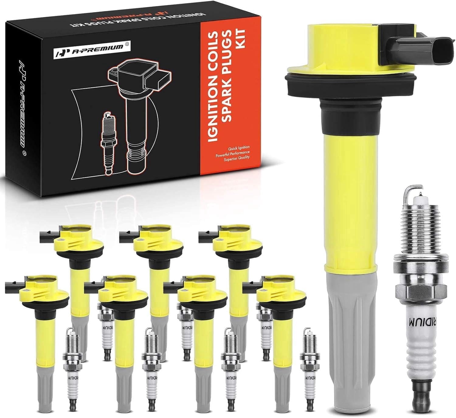 A-Premium (Yellow) Ignition Coils and Spark Plugs Kits Compatible with Ford F-150 2011-2016, Mustang 2011-2015, 5.0L 8-PC Set