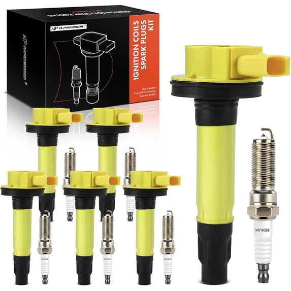 A-Premium (Yellow) Set of 12 Ignition Coil Pack and Iridium Spark Plugs Compatible with Ford F-150, Explorer, Edge, Transit-150, Mustang, Taurus, Flex & Mazda 6, CX-9 & Lincoln MKZ, MKX, MKS, MKT