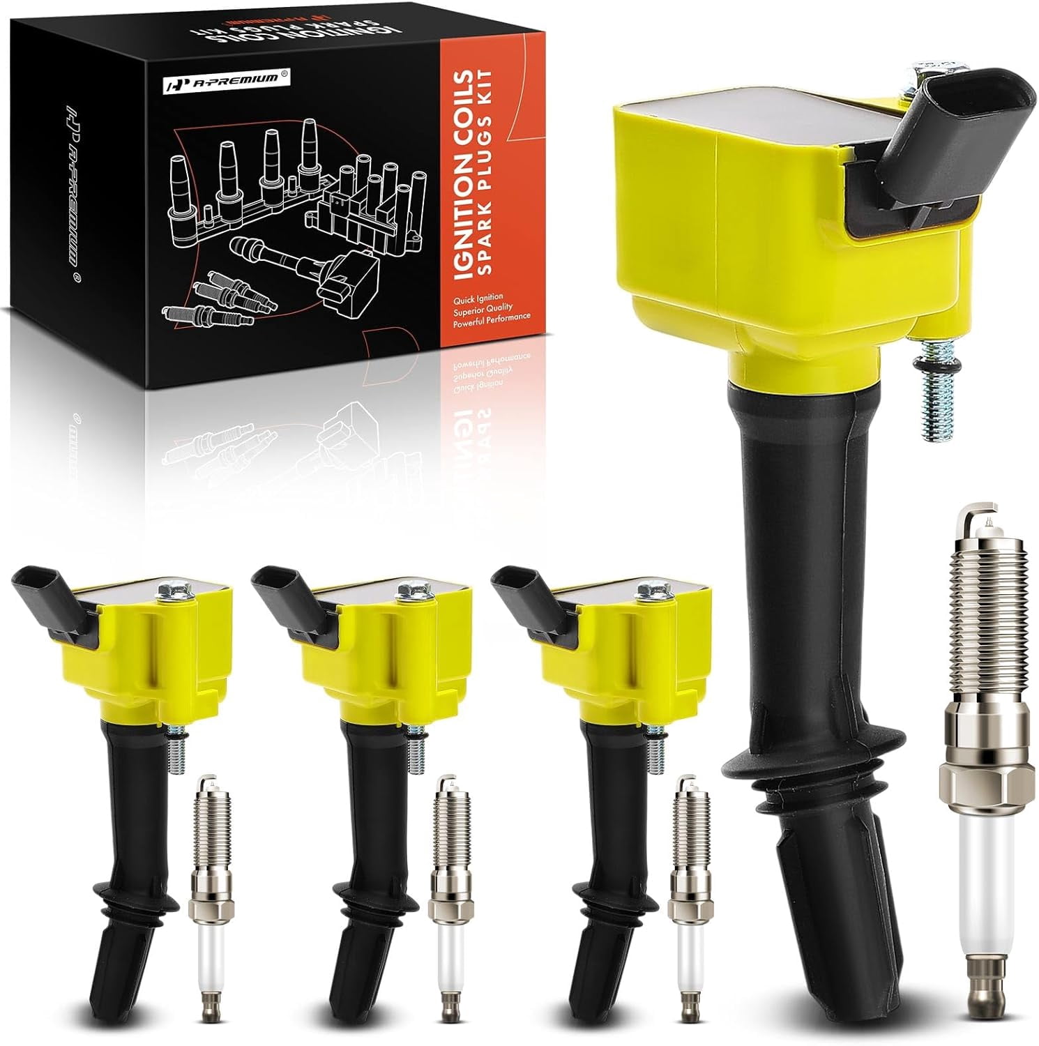 A-Premium (Yellow) Set of 8 Ignition Coil Pack and Iridium Spark Plugs Compatible with Chevrolet Equinox 2018-2024, Malibu 2016-2024, Cruze 2016-2019, Trax 2022 & GMC Terrain 2018-2023 & Buick Encore