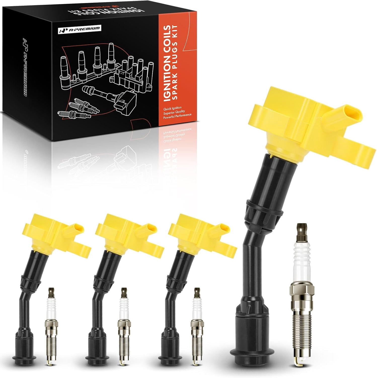 A-Premium (Yellow) Set of 8 Ignition Coil Pack and Iridium Spark Plugs Compatible with Ford Escape 2017-2019, Fusion 2014-2020, 1.5L