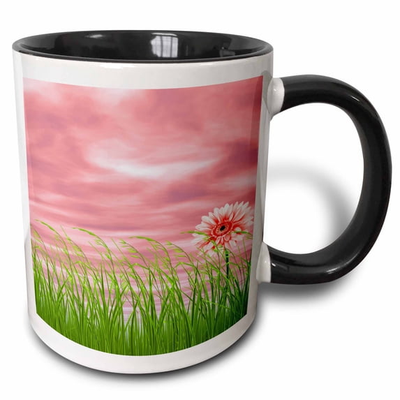 3drose, a Pretty Little Pink Flower on a Field in Front of a Pink Sky, 11oz Two-tone Black Mug