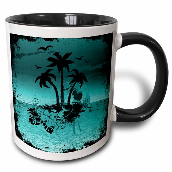 3drose, a Pretty Night Island Scene with Palm Trees and Tropical Flowers in Turquoise, 15oz Two-tone Black Mug