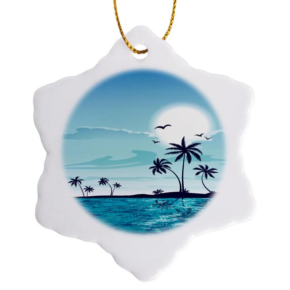 3drose, a Pretty Tranquil Blue Sea Side with Palm Trees All in Blue, 3 inch Snowflake Porcelain Ornament