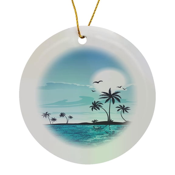 3drose, a Pretty Tranquil Blue Sea Side with Palm Trees All in Blue, Circle Porcelain Ornament