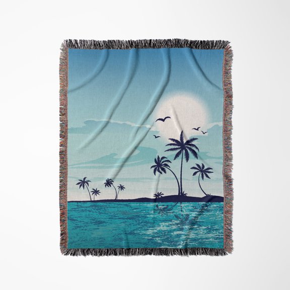 A Pretty Tranquil Blue Sea Side With Palm Trees All In Blue, Woven Blanket