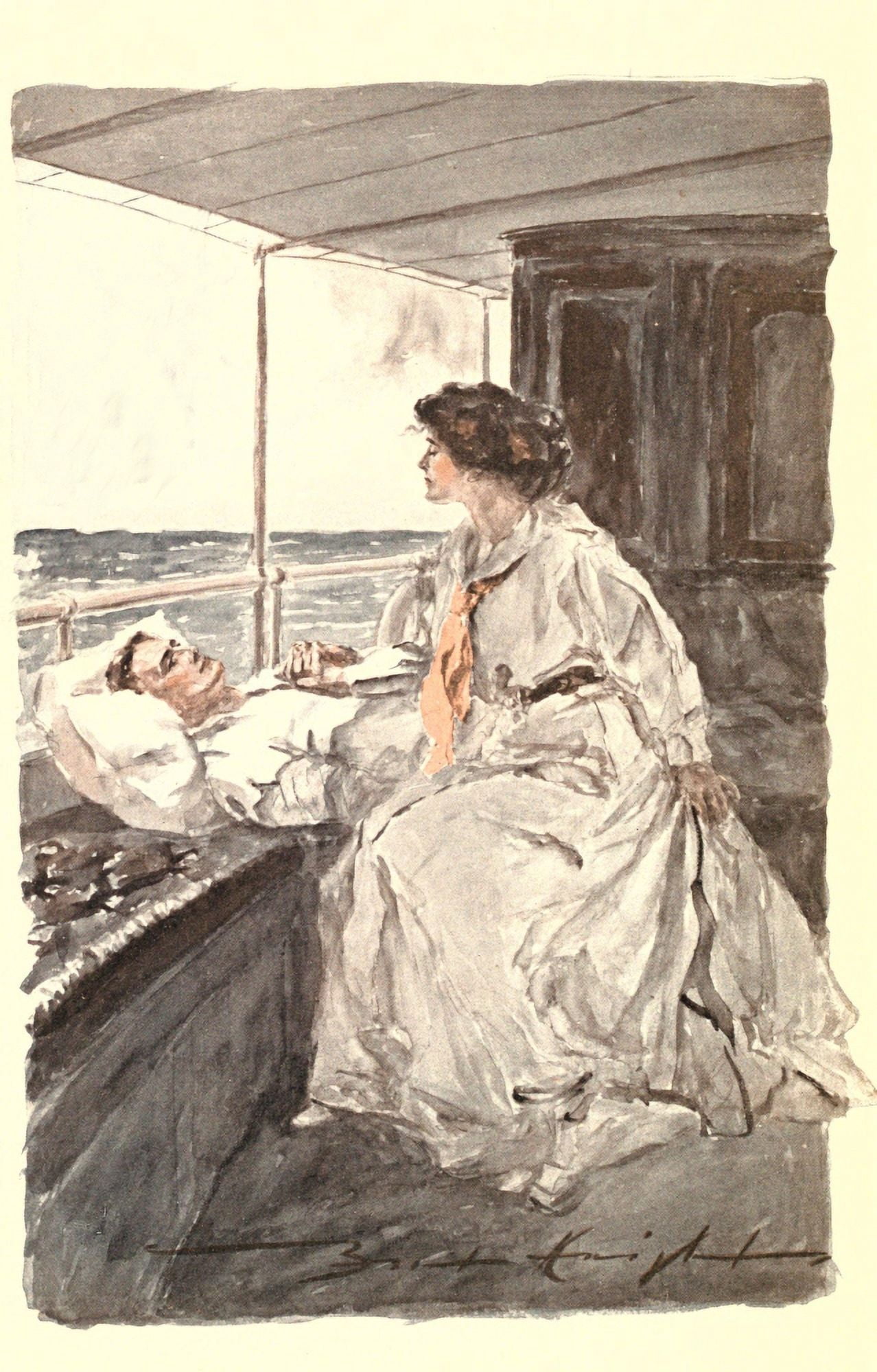A Prisoner of the Sea c1908 Couple on deck Canvas Art - Bert Knight (18 x 24)