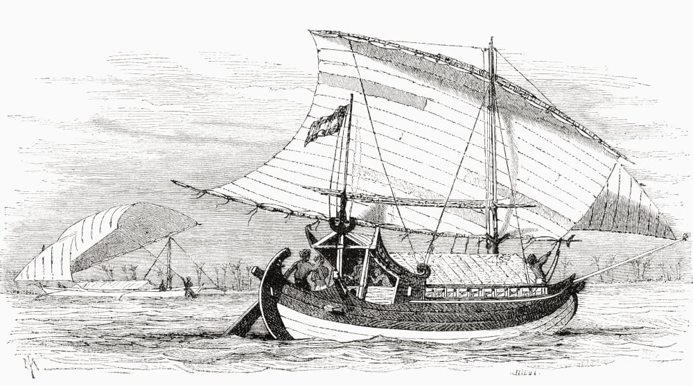 A Proa From Makassar Indonesia In The 19Th Century From El Mundo En La Mano Published 1878 Canvas Art - Ken Welsh Design Pics (38 x 20)