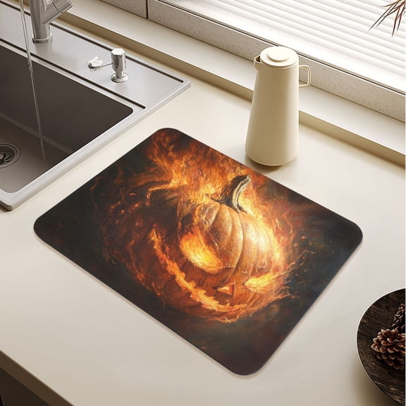 A Pumpkin Head on Fire Drying Mat Diatomaceous Earth Super Absorbent Non-slip Rubber Sole Heat Resistant 230 Degrees Fahrenheit 19.715.7in