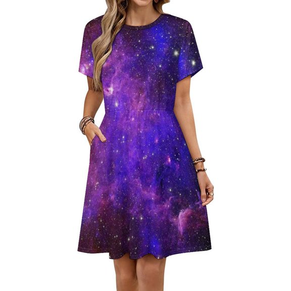 A Purple And Blue Nebula Dress Fashion Beach Short Sleeve Dresses Female Party Printed Sundress