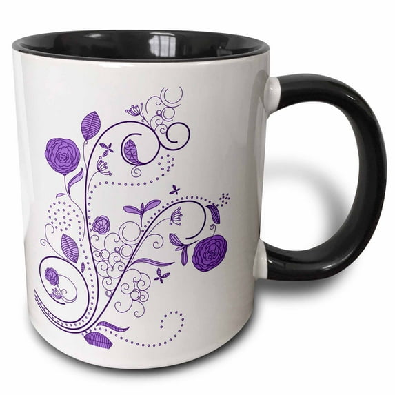 3drose, a Purple Flourish with Flowers and Leaves and Cute Little Dots, 11oz Two-tone Black Mug