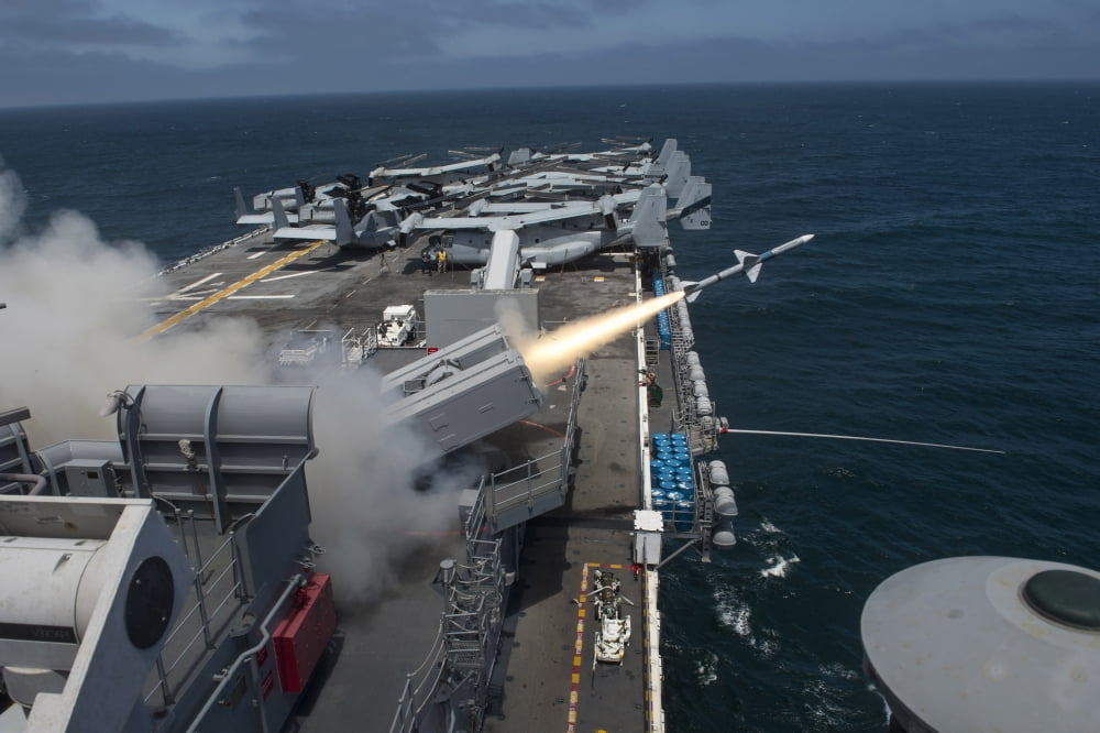A RIM-7 Sea Sparrow missile is launched from USS Boxer Canvas Art - Stocktrek Images (34 x 23)