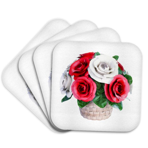 3drose, a Red and White Wedding Party Flower Arrangement, Set of 4 Coasters - Soft