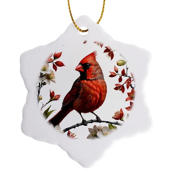 3drose, a Red Cardinal Bird Surrounded by Cornus Florida Flowers, 3 inch Snowflake Porcelain Ornament