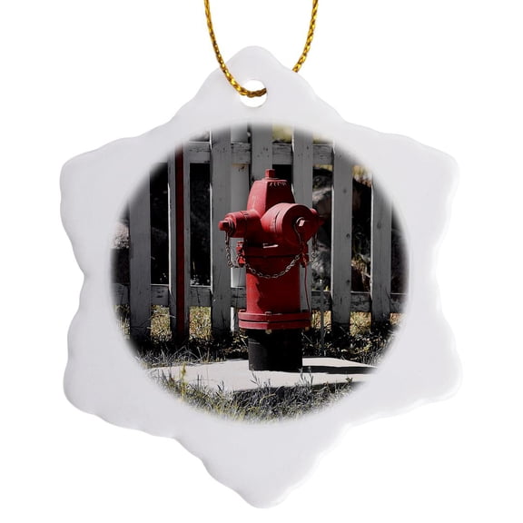 3drose, a Red Fire Hydrant with a Touch of Lime on Black and White, 3 inch Snowflake Porcelain Ornament