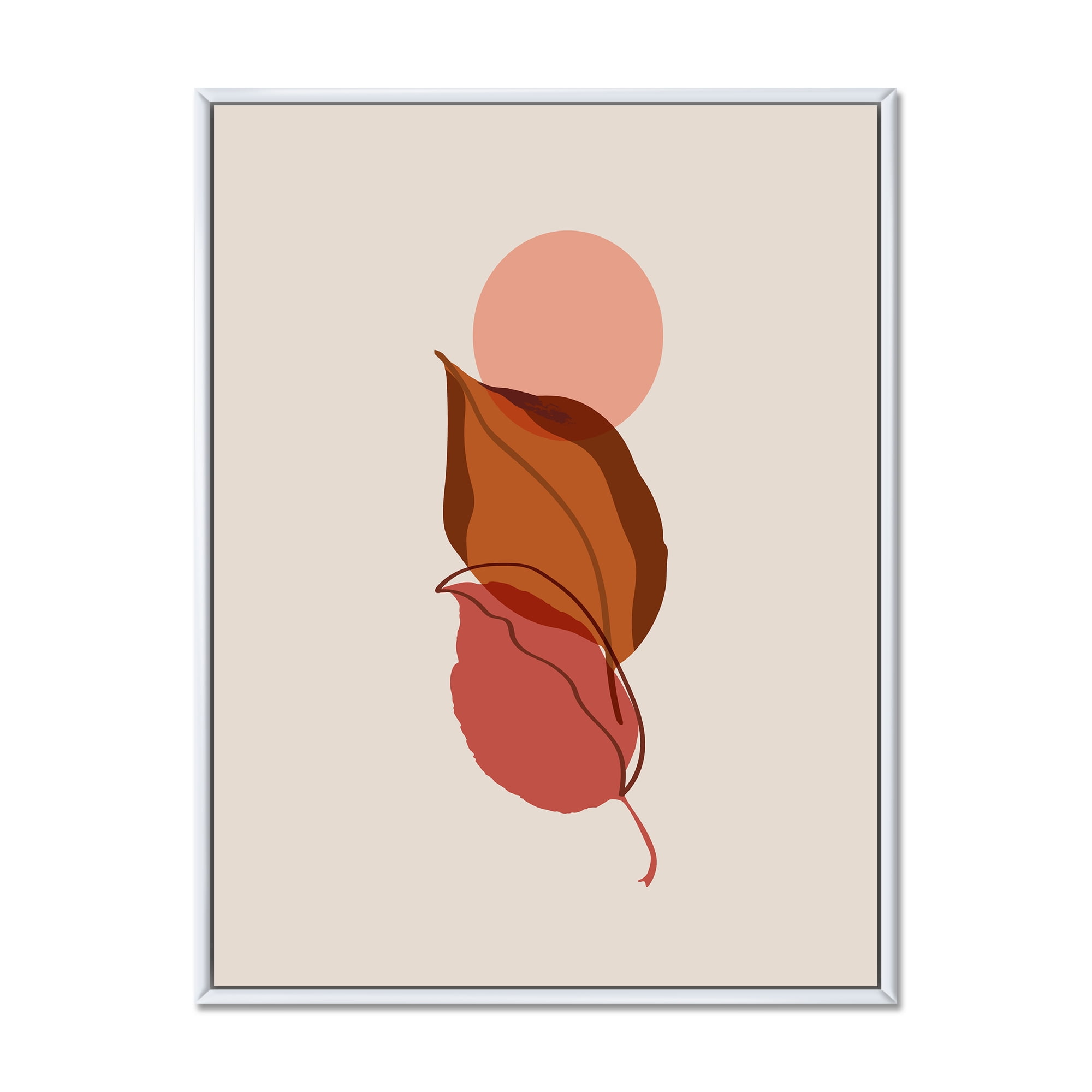 A Red Full Moon Over Two Autumn Leaves 12 in x 20 in Framed Painting Canvas Art Print, by Designart