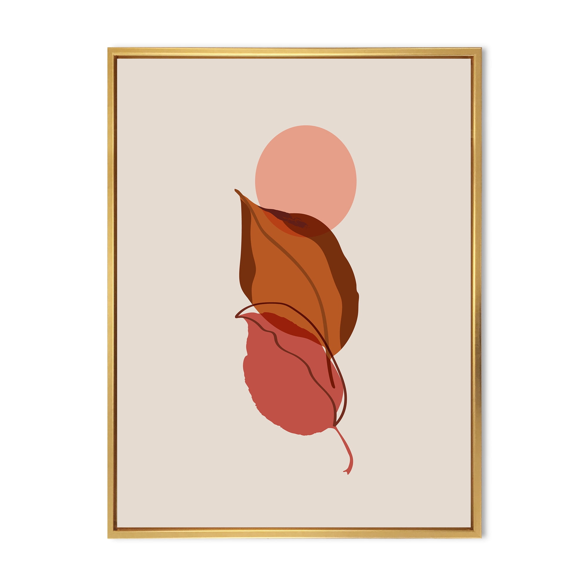 A Red Full Moon Over Two Autumn Leaves 30 in x 40 in Framed Painting Canvas Art Print, by Designart