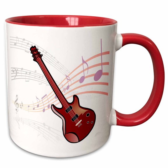 3drose, a Red Guitar with Floating Musical Notes Illustration, 11oz Two-tone Red Mug