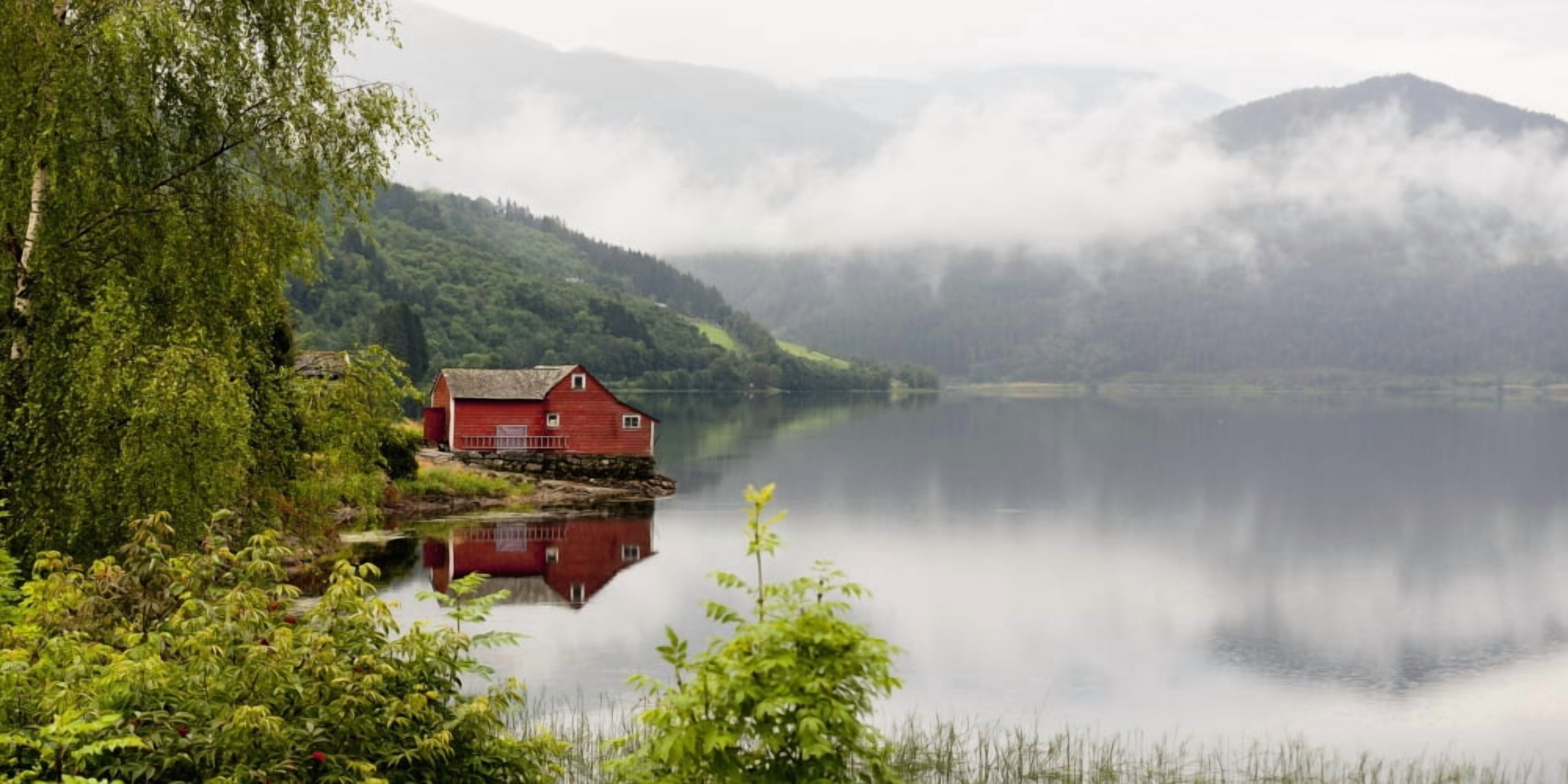 A Red House Along Granvinsvatnet With Low Lying Cloud Granvin Hordaland Norway Canvas Art - Keith Levit Design Pics (22 x 11)