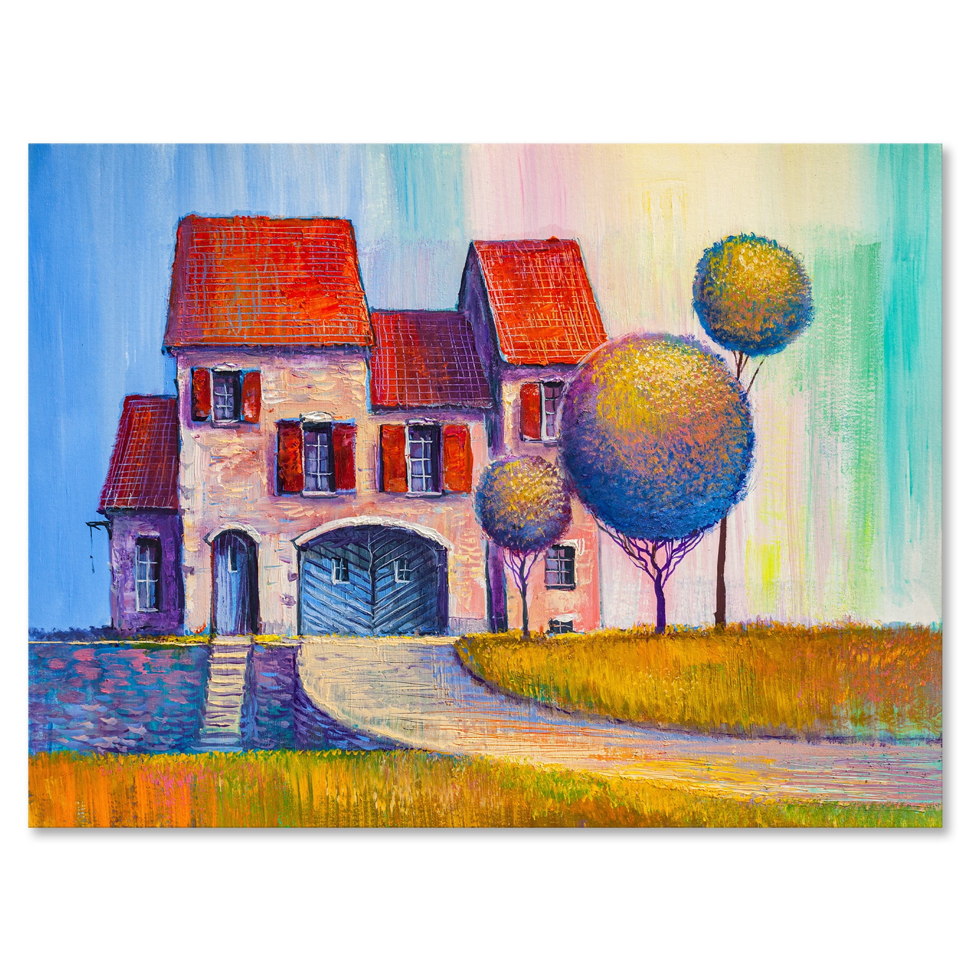 A Red Roof House With In The Village 12 in x 8 in Painting Canvas Art Print, by Designart
