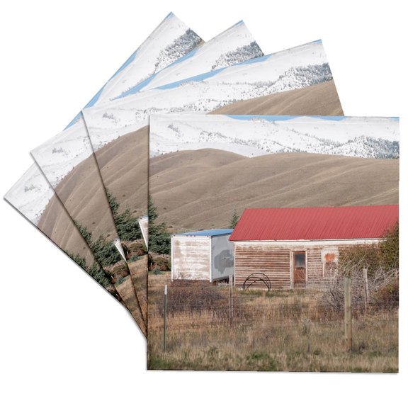 3drose, a Red Roofed Barn in Montana with Snow on Mountain Behind, Set of 4 Ceramic Tile Coasters