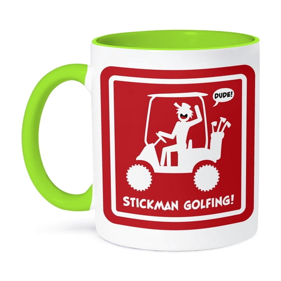 3dRose, a red warning sign of screamnjimmy driving a golf cart, stickman golfing, 11oz Two-Tone Green Mug