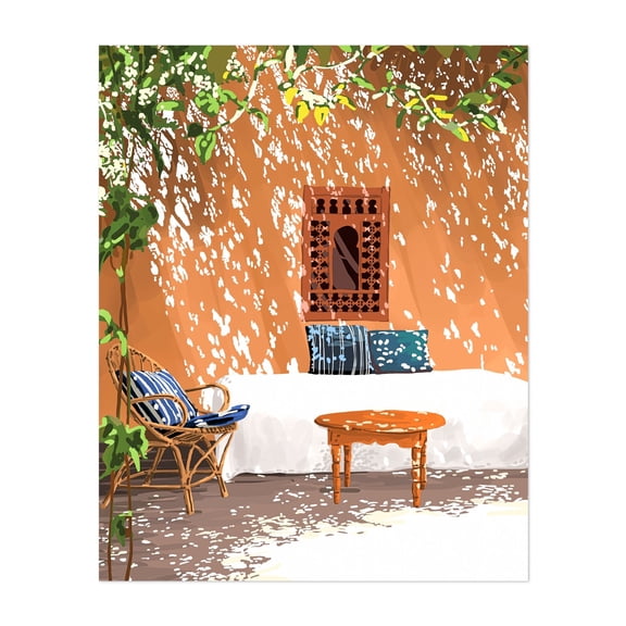 A Relaxed Afternoon - Painting Boho Mediterranean Rustic Garden Minimalist Architecture Illustration Unframed Wall Art Print 22 x 28 inches