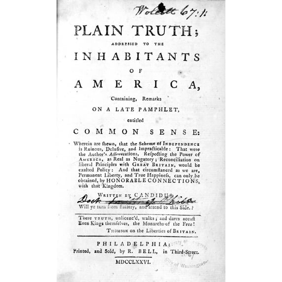 A Response To Thomas Paine'S Common Sense. The Title Page Reads Plain Truth History (18 x 24)