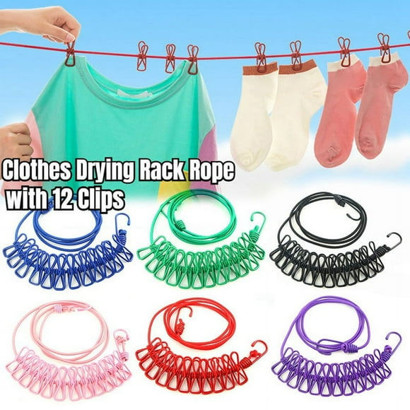 A Retractable Clothes Drying Rack Rope with 12 Clips Portable Clothesline Clothing Line for Laundry Drying Line Camping