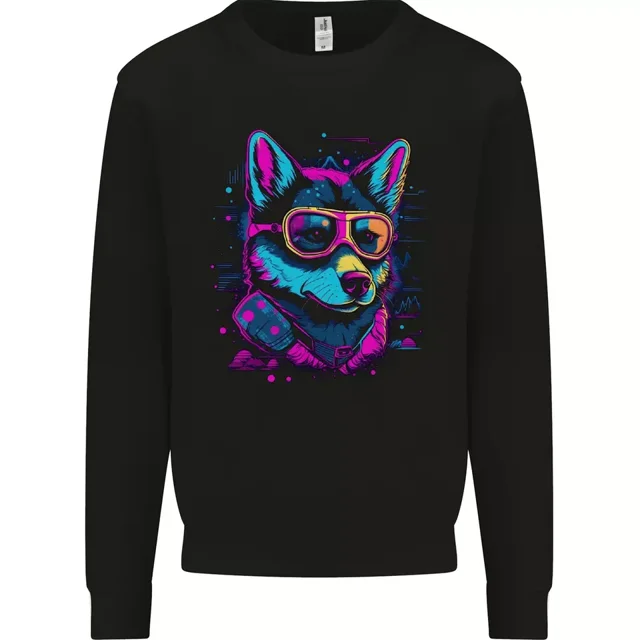 A Retrowave Husky Dog Mens Sweatshirt Jumper