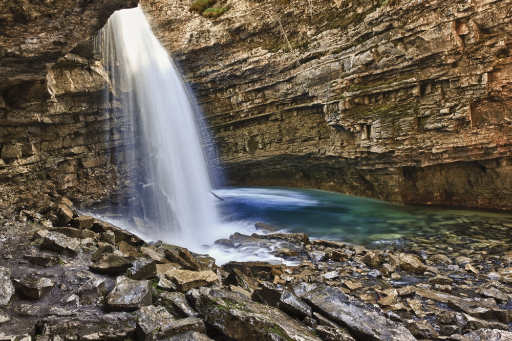 A River Cascades Over A Small Waterfall In Johnston Canyon In Banff National Park Banff Alberta Canada Canvas Art - Ron Watts Design Pics (18 x 12)
