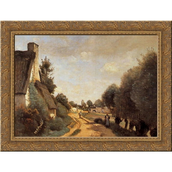 A Road Near Arras (Cottages) 24x20 Gold Ornate Wood Framed Canvas Art by Camille Corot