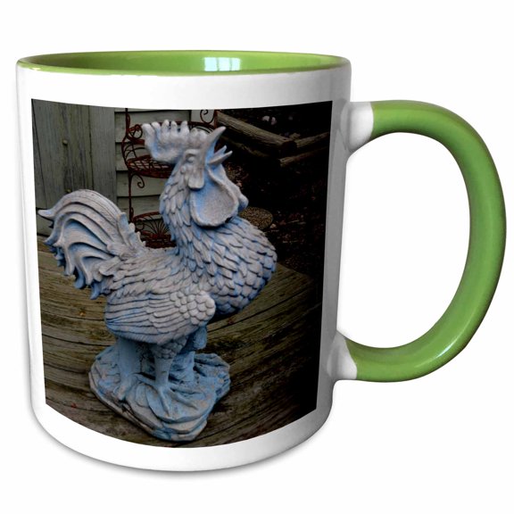 3drose, a Rooster Statue That Sits in a Garden for Good Luck, 11oz Two-tone Green Mug