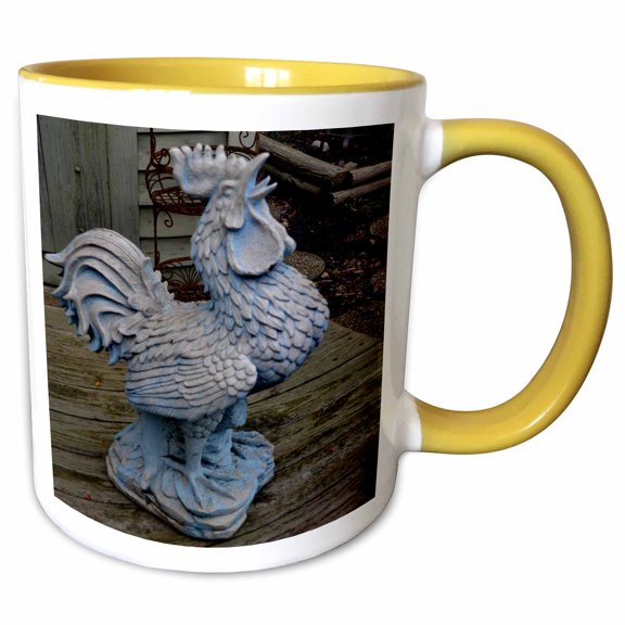 3drose, a Rooster Statue That Sits in a Garden for Good Luck, 11oz Two-tone Yellow Mug