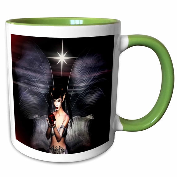 3drose, a Rose for You-a Little Goth Fairy Offering a Blood Red Rose, 11oz Two-tone Green Mug
