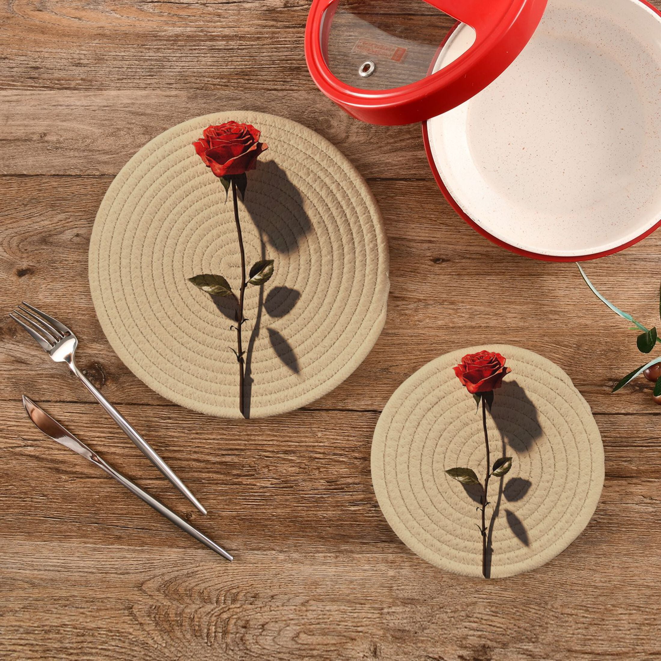 A Rose Trivet Mats Set Cotton Woven Non-Slip Pot Holders Heat Resistant for Hot Pots Pans Dishes Pats
